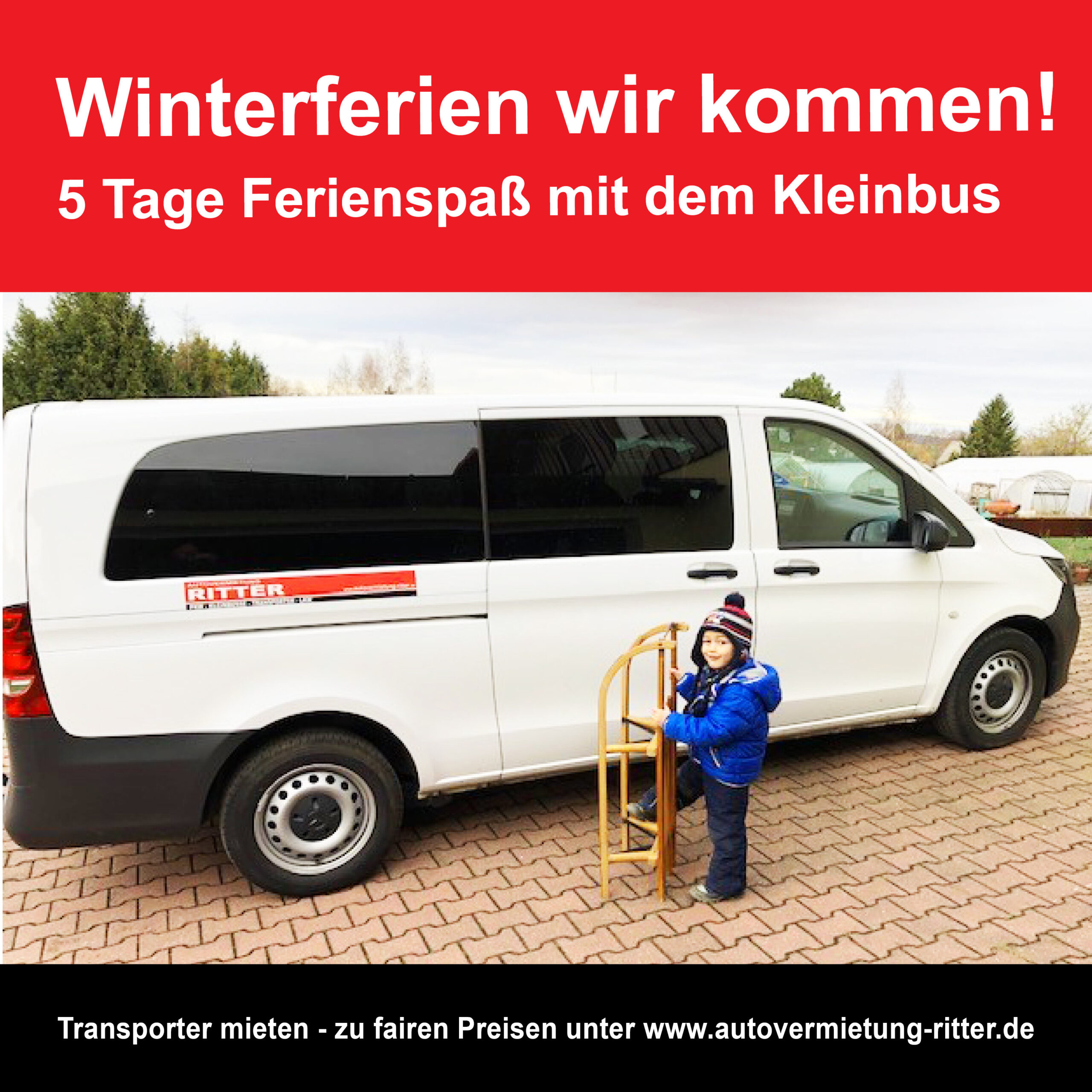Werbegrafik mit weißem Kleinbus der Autovermietung Ritter und Kind mit Schlitten.