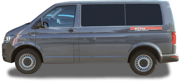 Grauer VW T6 Transporter der Autovermietung Ritter als freigestelltes Fahrzeugbild.