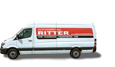 Weißer Transporter mit langem Radstand der Autovermietung Ritter als freigestelltes Fahrzeugbild.