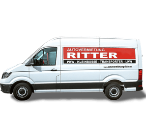 Weißer Transporter mit mittlerem Radstand der Autovermietung Ritter als freigestelltes Fahrzeugbild.