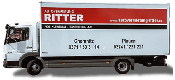 Weißer LKW mit Kofferaufbau der Autovermietung Ritter und Standortinfos für Chemnitz und Plauen.