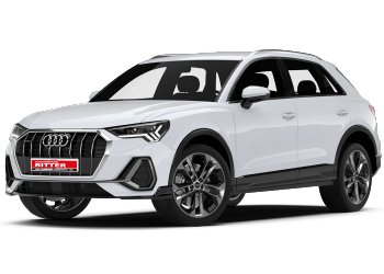 Weißer Audi Q3 der Autovermietung Ritter als freigestelltes Fahrzeugbild.